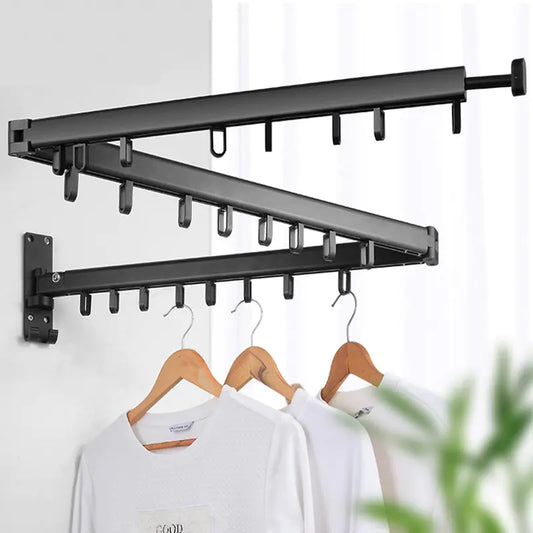 Wall-mounted retractable aluminum clothes drying rack with folding rods and hooks